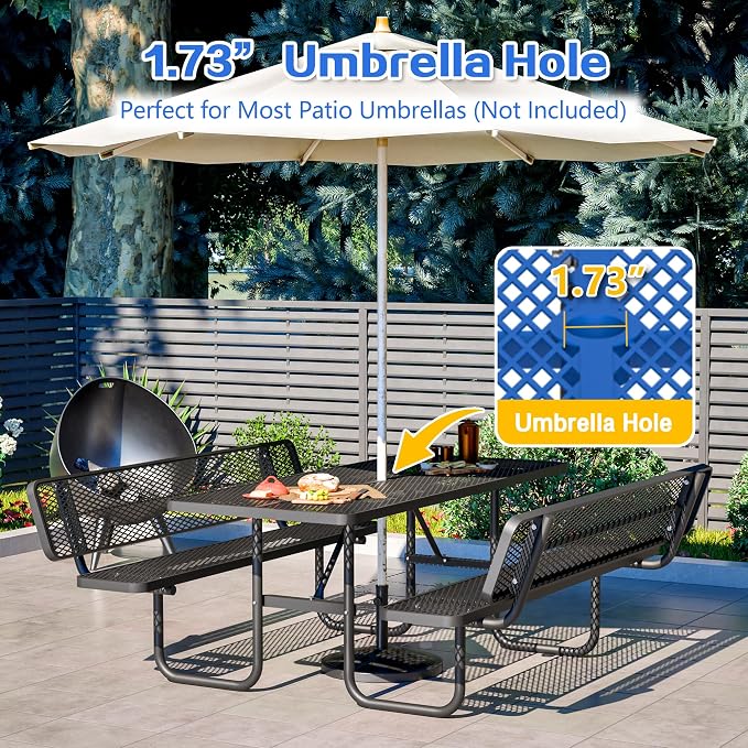 Outdoor Picnic Table with Umbrella Hole-Coated Steel Heavy Duty Commercial Grade Dining Table with Back Seat,Commercial Metal Picnic Table, Heavy Duty Rectangular Furniture Set for Life