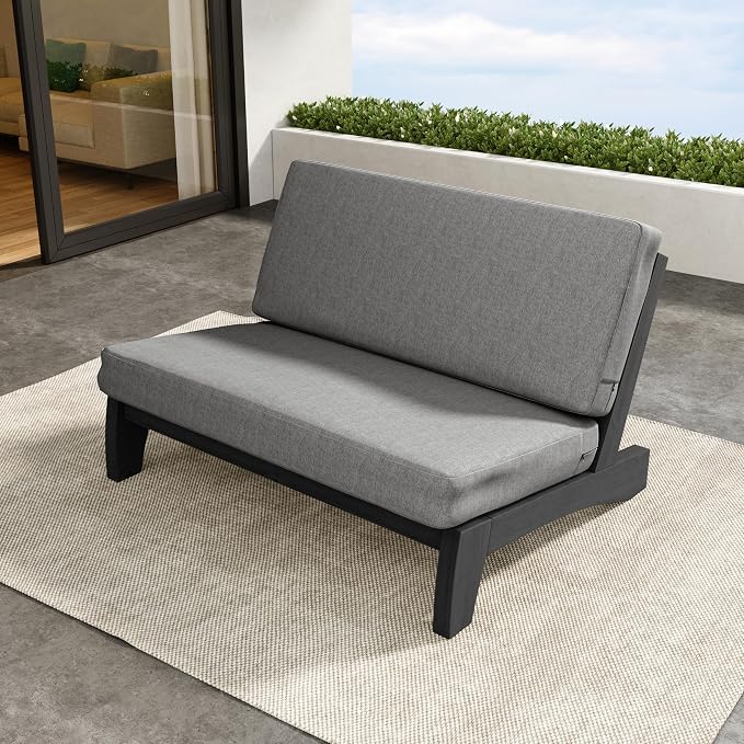 Outdoor Furniture Patio Couch, Weather Resistant Patio Loveseat Sofa Couch with Removable Cushion, Black Wood Frame for Porch & Backyard Seating - Grey