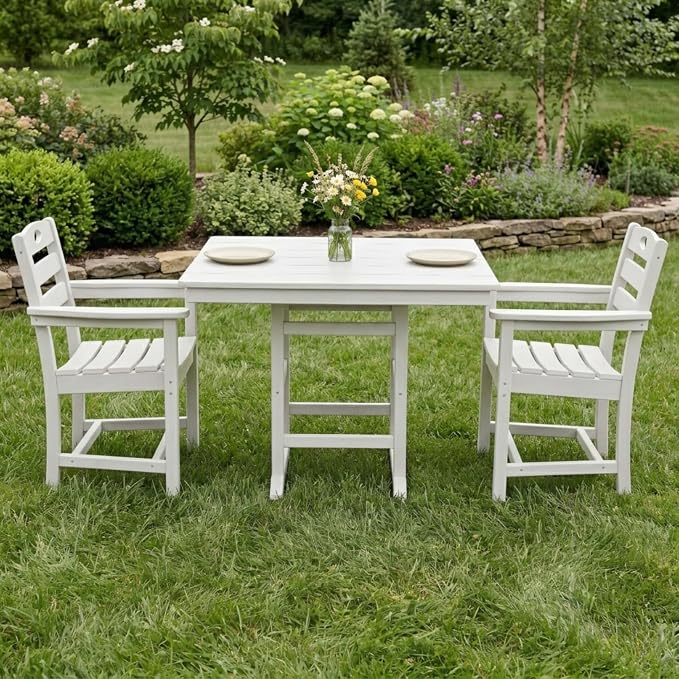 WILLIAMSPACE 37.8" Outdoor Patio Dining Set with 2 Armchairs, All Weather HDPE Square Dining Table with Umbrella Hole, Patio 3-Piece Bistro Set for Backyard, Balcony, Lawn, Kitchen (White)