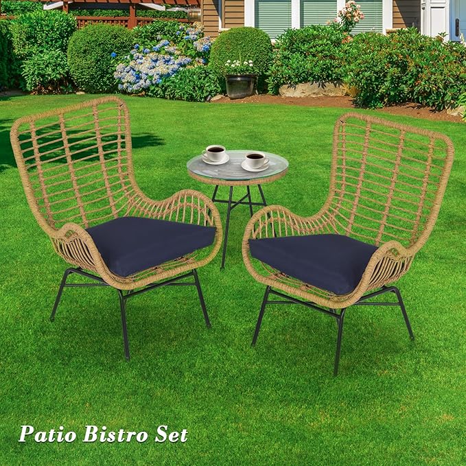 Athena Collection Patio Bistro Sets, 3 Piece All Weather Furniture Set Outdoor Conversation Set Glass Table and Rattan Chairs Set with Soft Cushions for Garden, Poolside, Backyard, Blue
