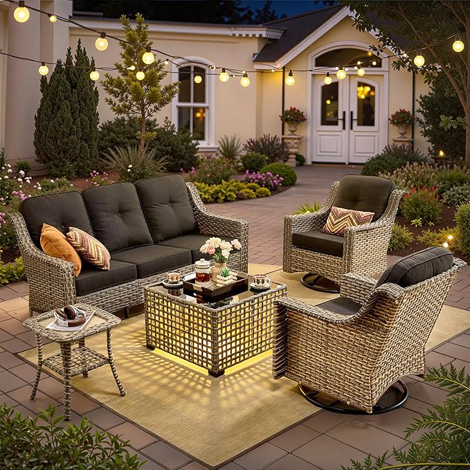 HOOOWOOO Patio Furniture Set,5 Pieces Wicker Outdoor Furniture,High Back Conversation Set with All Weather Resistant Solar Light Table Couch Swivel Chairs,Black