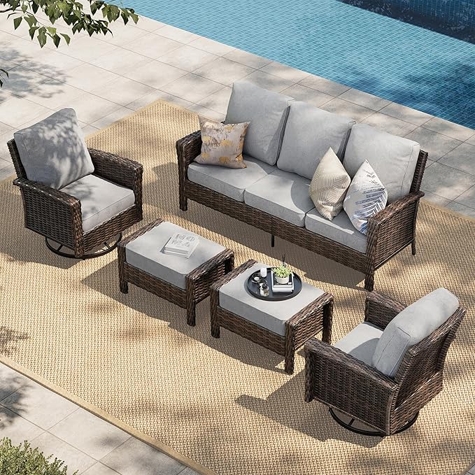 HERA'S HOUSE Patio Furniture Set with High Back Swivel Chair, 6-Piece Outdoor Wicker Sectional Conversation Set with Ottomans, 3-Seat Couch with 5.5" Thick Cushions for Deck Garden Backyard, Gray