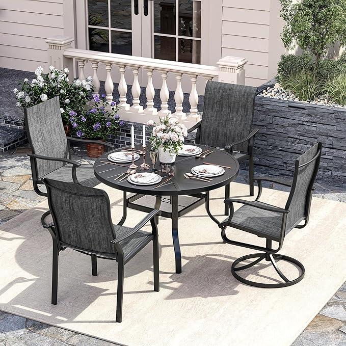 UDPATIO 5 Piece Outdoor Patio Table and Chairs Set for 4, 39" Black Round Table with Umbrella Hole, Gray Patio Chairs, Patio Table with Chairs, Outdoor Patio Dining Set for Lawn, Backyard, Deck