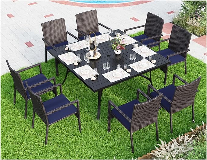 MFSTUDIO 9 Pieces Outdoor Dining Set for 8, 60" Square Table & Wicker Chairs with Cushions, Durable Patio Dining Furniture Set for Deck, Large E-Coated Metal Dining Table for 8