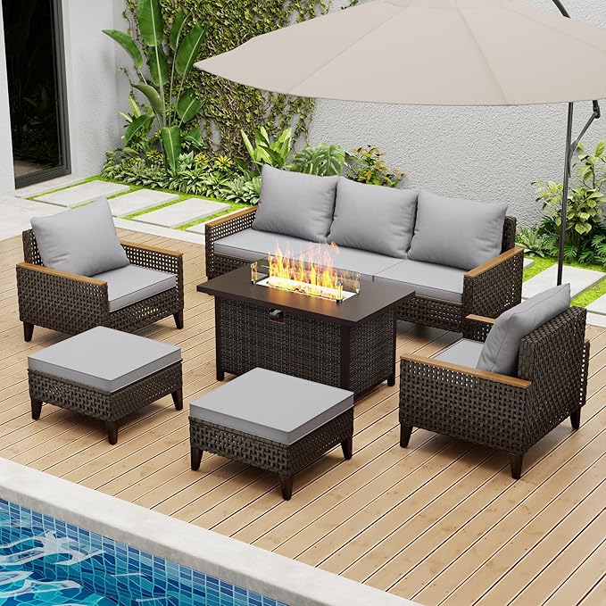 8 Piece Patio Sectional Sofa Set with 50000 BTU Fire Pit Table, All-Weather Wicker Rattan Outdoor Conversation Set, High Back, for Garden, Porch, Poolside, Gray
