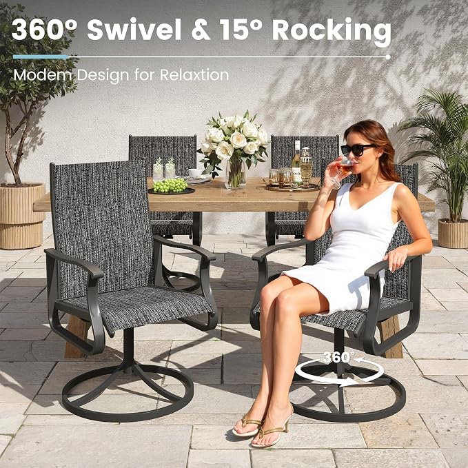 7 Pieces Patio Dining Set, Patio Outdoor Furniture Set of 6 Patio Swivel Dining Chairs and Patio Spliced Rectangular Tabletop with Umbrella Hole, for Deck, Backyard, Poolside & Garden