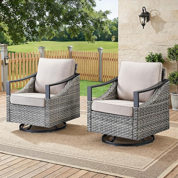 Outdoor Swivel Rocker Patio Chairs-High Back Wicker Swivel Rocker Patio Chairs Set of 2,PE Wicker Chair Outdoor Patio Furniture Sets with Covered Cushions for Porch Balcony Patio Deck Grey/Beige