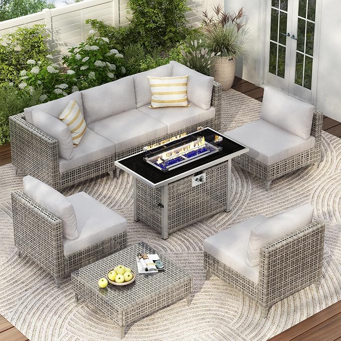 Patio 8-piece Patio Furniture Set with 43" Fire Pit Table, Outdoor Conversation Set & 60,000 Btu 43 Inch Rectangle Propane Fire Pit with Water Resistant Grey Thick Cushions, Grey