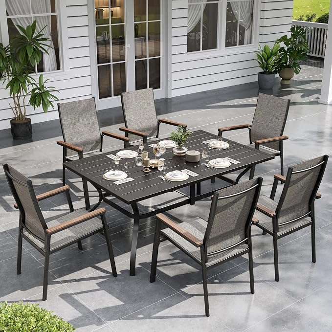Sophia & William Patio Table and Chairs Set 7 Pieces, 6 Aluminium Patio Dining Chairs with 60" x 38" Metal Dining Table, Stackable and Easy to Move for Outdoor Garden Lawn (Grey)