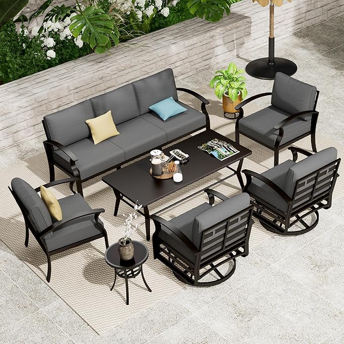 Aluminum Patio Furniture Set with Coffee Table,7 Seats Metal Modern Outdoor Furniture w/5.1" Thick Cushions, Sectional w/Swivel Chairs for Backyard,Grey