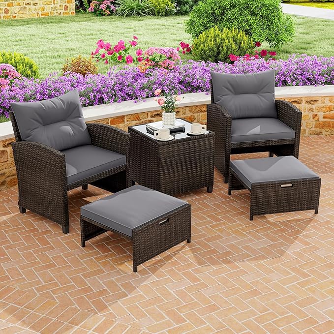 ORALNER 5 Pieces Patio Furniture Set with Ottoman, Wicker Conversation Set w/Cushions, Glass Coffee Table, Outdoor Rattan Lounger Chairs Bistro Set for Porch Balcony Garden Deck Poolside (Gray)
