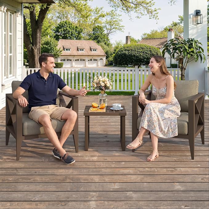 3 Piece Aluminum Patio Furniture Set, Modern Outdoor Patio Conversation Sets with Ergonomic Armhairs and Side Table, 6" Thick Washable Cushions for Balcony, Porch, Backyard,Brown