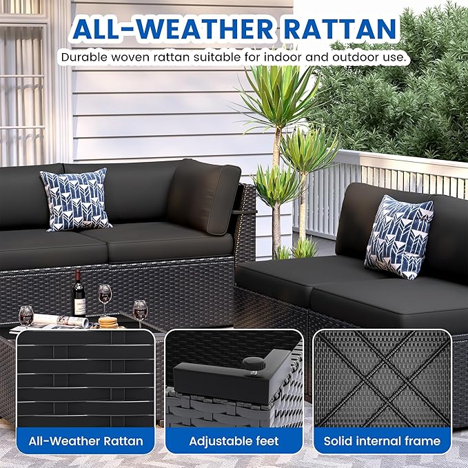 Patio Furniture Sets, 7-Piece Outdoor Patio Furniture with Thick Cushions,Coffee Table Outdoor All-Weather Conversation Set Sectional Sofa for Backyard, Poolside, Garden(Black)
