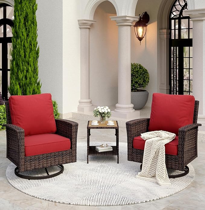 Patio Wicker Swivel Chairs Set of 2, Outdoor High Back Chairs with 5.5" Waterproof Cushions and Side Table, Outdoor Furniture Set for Deck Porch and Yard, Red