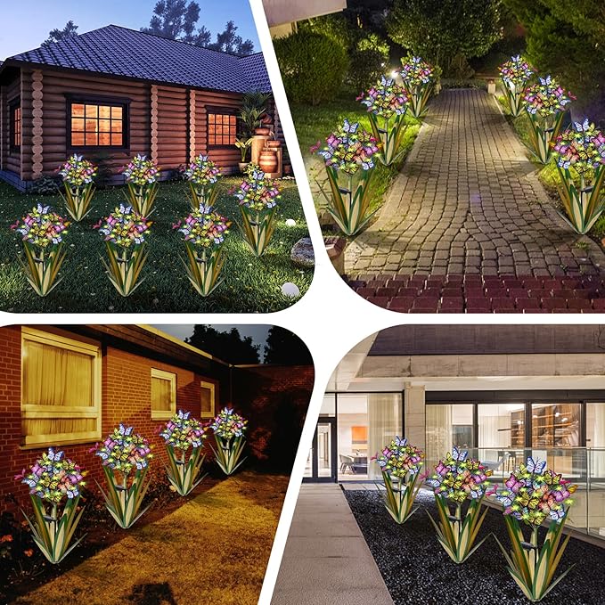 Homight Solar Metal Agave Butterfly Flower Stick Garden Sculpture Outdoor Gift Solar Garden Christmas Lights Swaying Butterfly Sunflower Garden Lights Solar Outdoor Statues (3 PCS Light Green)