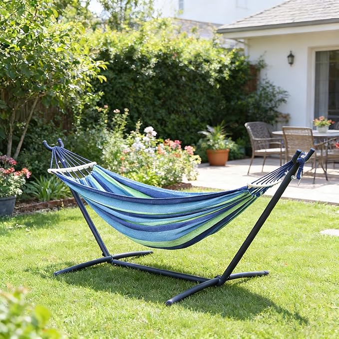 Double Hammock with Freestanding Steel Stand, Portable & Easy Setup, 550lb Capacity Heavy Duty for Patio, Garden,Backyard, Camping, Indoor & Outdoor - Includes Carry Bag (Blue Stripe)