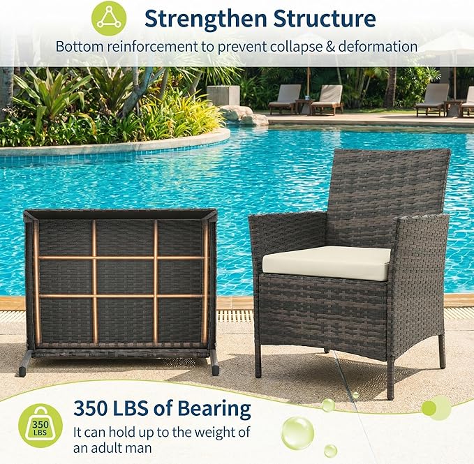 GarveeHome 3-Piece Patio Bistro Set, PE Rattan Outdoor Conversation Furniture with 2 Cushioned Chairs & Coffee Table, Weather-Resistant for Backyard, Balcony, Porch (Beige Cushion)