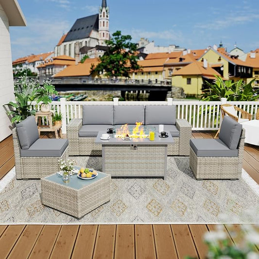 7 Piece Patio Furniture Set, 8" Wide Arm Sectional Sofa Set with 50000 BTU Propane Fire Pit Table & Coffee Table, Rattan Outdoor Conversation Set for Garden, Porch, Lawn, Gray