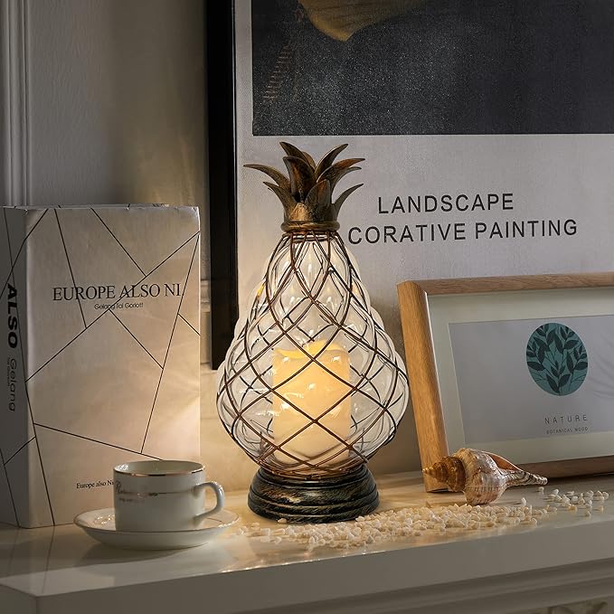 MOZEAL 13" Outdoor Glass Pineapple Lantern,Ip44 Waterproof,6 Hours Timer,Decorative Candle Lantern,with Flameless Candles,Battery Operated,for Front Porch/Patio/Beach/Garden/Pineapple Theme Decor