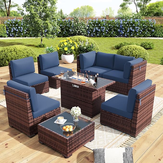 Outdoor Patio Furniture Set with 44" Fire Pit Table 8 Pieces Rattan Patio Sectional Sofa Conversation Set w/55000 BTU Propane Gas Fire Pit, Coffee Table, 2 Waterproof Covers, Blue