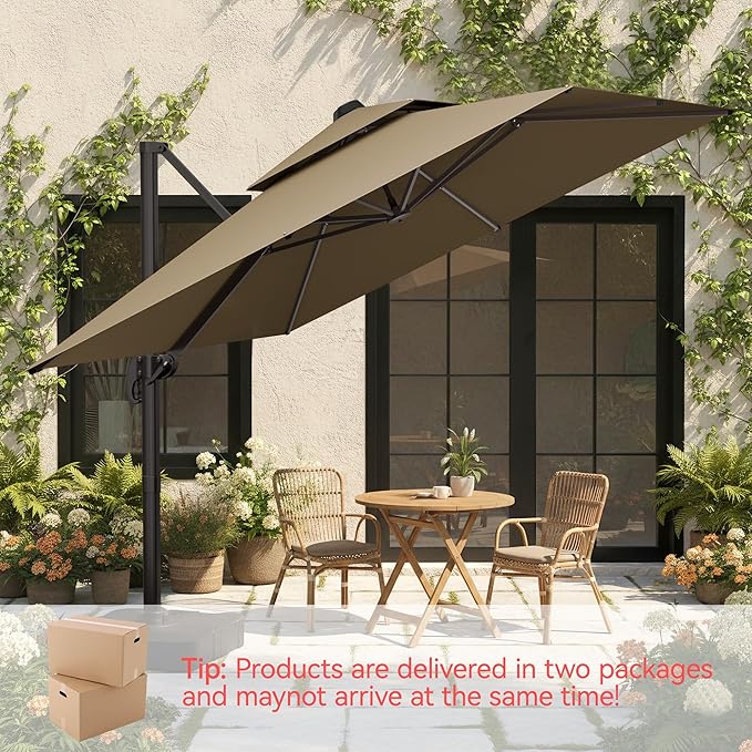 10x10 FT Patio Umbrella, Large Cantilever Double Top Heavy Duty Offset Umbrellas with 360° Rotation, Outdoor shade for Garden Deck Pool, Tan