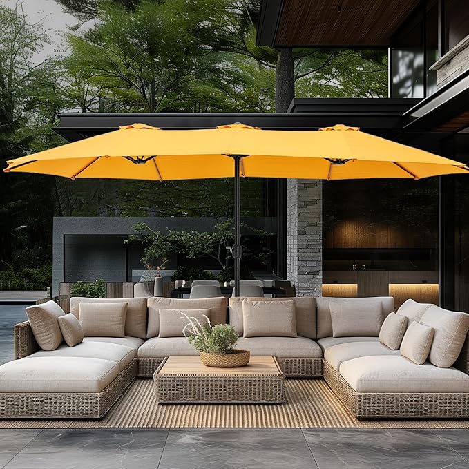 GREEN PARTY 15 ft Rectangular Patio Umbrella with Base Included, Large Double-Sided Outdoor Table Umbrella with Crank, 1.9" Pole UPF 50+ UV Resistant for Pool Deck Backyard Garden, Gold Yellow