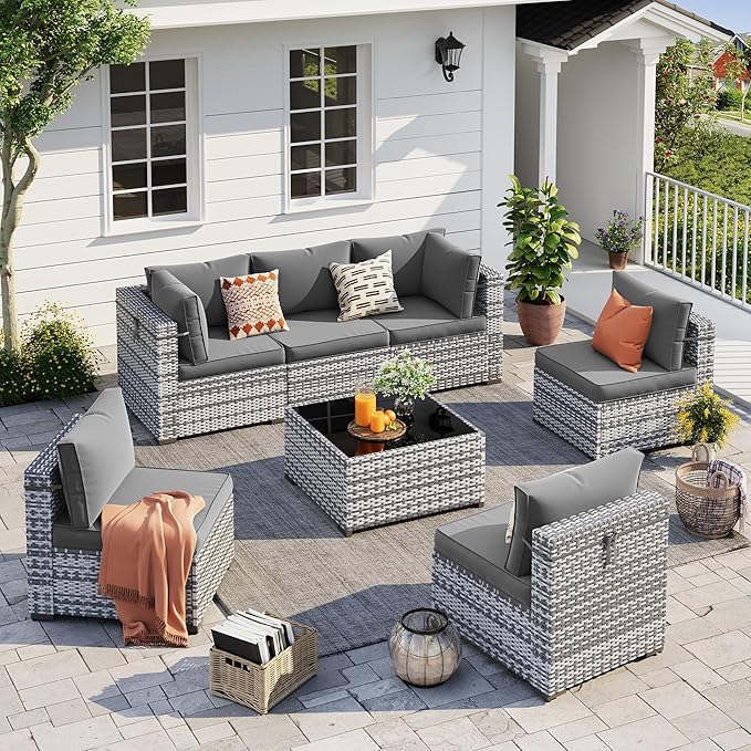 UDPATIO Outdoor Patio Furniture Set, 7 Piece PE Wicker Sectional Sofa with Tea Table, Outdoor Conversation Set for Patio, Garden, Backyard (Grey Cushions with Grey Rattan)