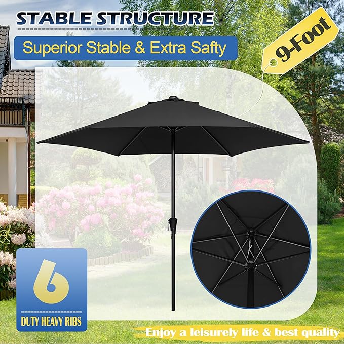 Sunnyglade 9FT Outdoor Patio Umbrella, Market & Table Umbrella with 6 Sturdy Ribs and Crank System, Fade-resistant & Waterproof for Garden Backyard Poolside Deck