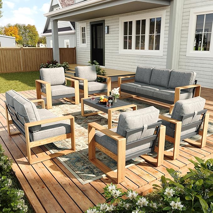 Oversized Aluminum Outdoor Patio Furniture Set, 7-Piece Modern Sectional Conversation Sets with Coffee Table, Wide Seat and Thick Cushions