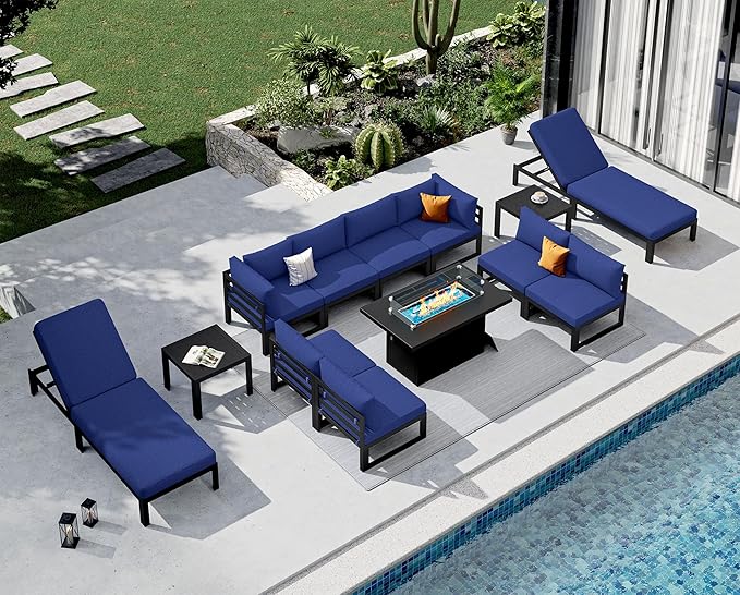 NICESOUL 13 Piece Large Contemporary Aluminum Outdoor Furniture Set with Chaise Lounge & Fire Pit Table, 29" Deep Couch Set, 500 lbs High Weight Capacity Patio Sectional Sofa for Poolside, Navy Blue