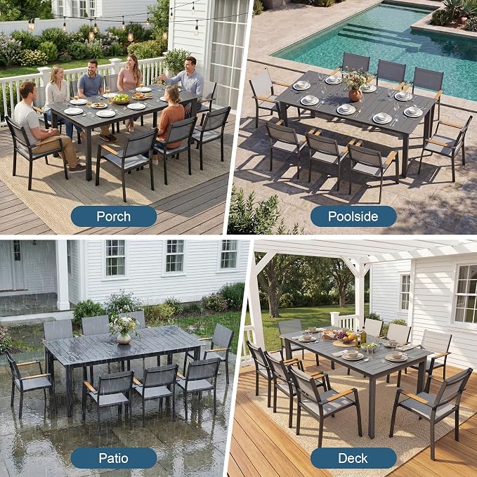 Wisteria Lane Aluminum Outdoor Patio Table and Chairs Set with 121" L-81 L Expandable Dining Table, 9-Pieces Outdoor Dining Set for 8, Patio Furniture Set with Stackable Quick Drying Chairs, Grey