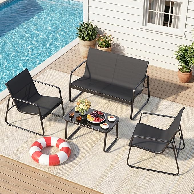 Gizoon 4 Piece Patio Furniture Set, Outdoor Patio Furniture with Loveseat and 2 Single Chairs, Bistro Table and Chairs Set for Backyard, Balcony, Lawn,Black