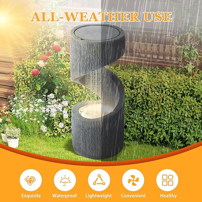 TITIMO 31.9" Outdoor Water Fountain with LED Light, Large Spiral Fountains Curved Garden Fountain, Modern S-Shaped Freestanding Waterfall for Garden, Patio, Backyard, Deck, Porch and Home Decor