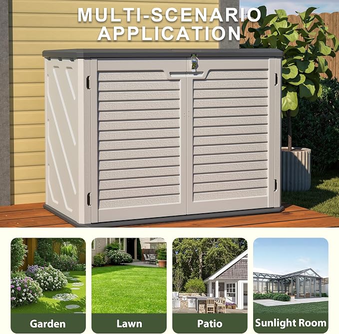 Large Outdoor Deck Box and Horizontal Storage Shed, 28 Cubic Feet Weather Resistant Resin Cabinet for Patio Cushions and Garden Tools, Lockable White Storage Unit, 52.3 x 29.7 x 38.9 Inches