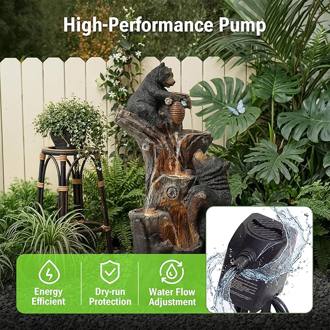39-Inch Outdoor Water Fountain, 5-Tier Black Bears Climbing Tree Resin Waterfall Fountain with 4 LED Lights, Cascading Water Feature for Garden, Yard, Lawn, Deck, Farmhouse in Gray and Black