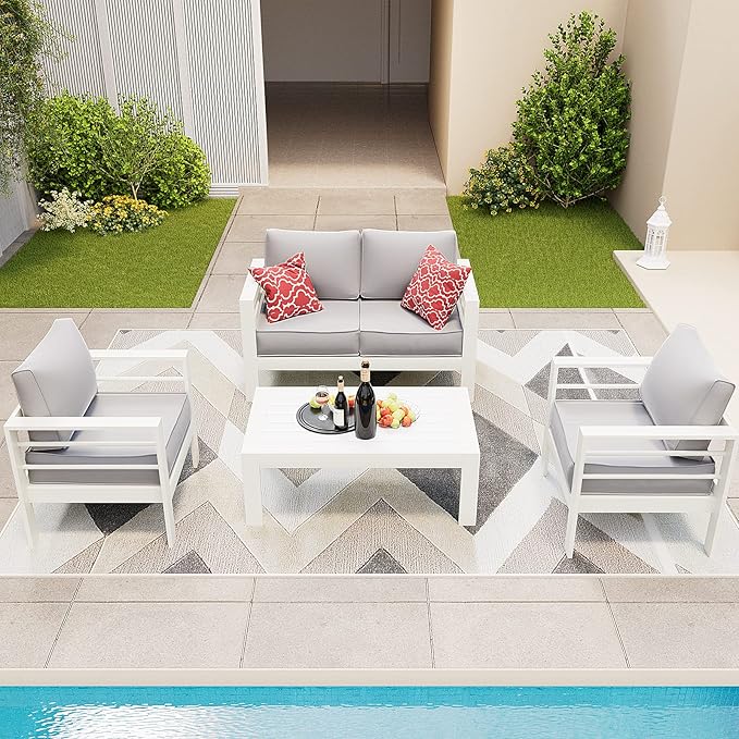 Amopatio Aluminum Patio Furniture, 5 Pcs Metal Modern Outdoor Patio Furniture Set, Outdoor Sectional Sofa for Balcony, Garden, White (Included Waterproof Covers)
