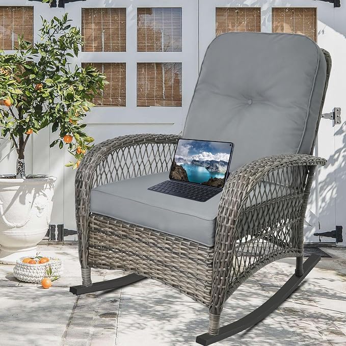 Outdoor Wicker Rocking Chair, All Weather Resin Rattan Wicker Rocking Chairs, for Garden Backyard Lown Porch,2pc,Grey
