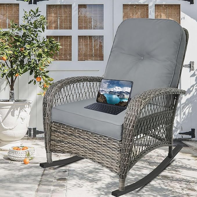 Outdoor Wicker Rocking Chair, All Weather Resin Rattan Wicker Rocking Chairs and Glass Coffee Table, for Garden Backyard Lown Porch,3pc,Grey