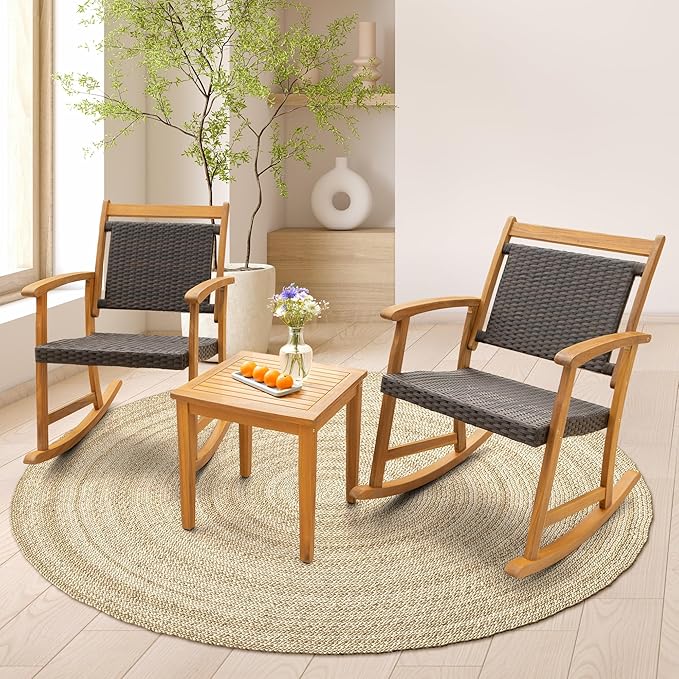 Solid Wood Wicker Rocking Chairs Set of 2 with End Table