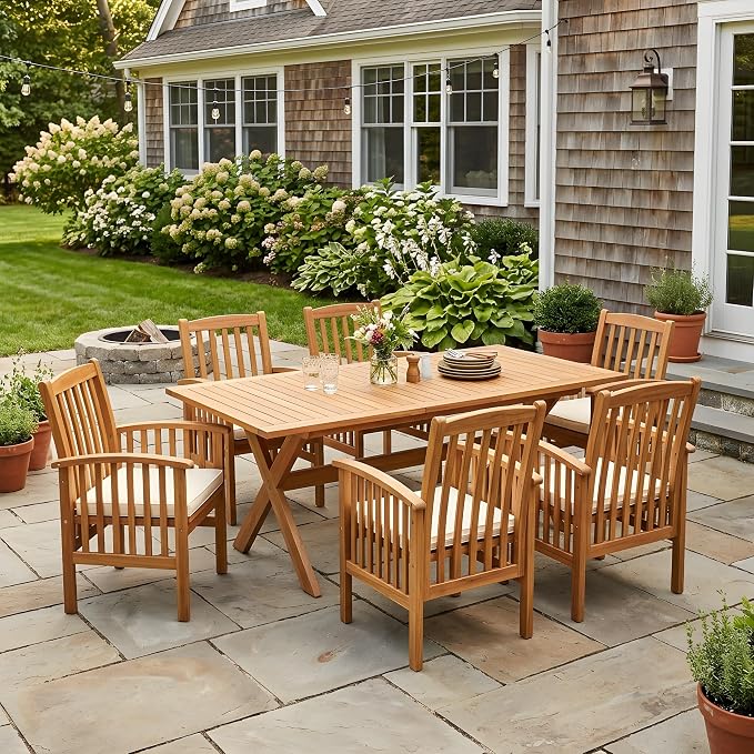 VilroCaz 7 Pieces Acacia Wood Outdoor Dining Set, All-Weather Extendable Table Large Table and 6 Armchairs for Lawn Backyard Garden Deck Poolside (Teak-)
