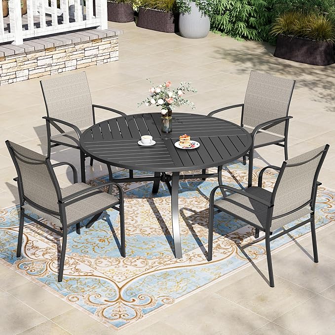HERA'S HOUSE Patio Table and Chairs Set, 5 Pieces Outdoor Dining Set with Round Metal Table and Textilene Chairs for Lawn Garden Backyard Deck,Brown
