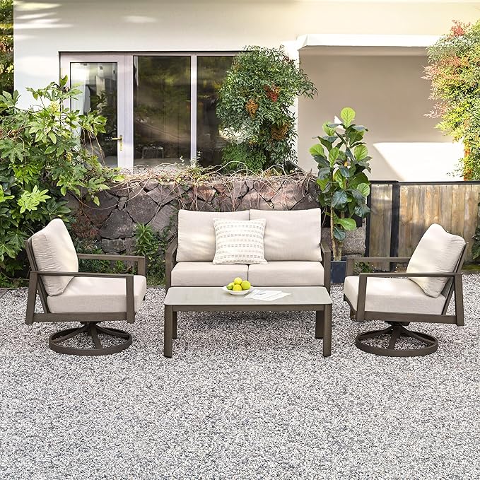 HAPPATIO Patio Conversation Set, 4-Piece Aluminum Oversized Patio Furniture Set with Rope Woven Backrest, 2 Swivel Chairs and Loveseat with Thick Cushion, Hand-Brushed Frame for Yard, Porch, Balcony