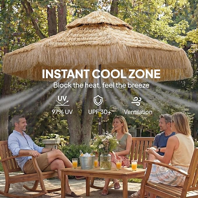 Outsunny 8.5 FT Hula Thatched Tiki Patio Umbrella, 2-Tier Tropical Hawaiian Style Outdoor Umbrella with 8 Ribs, UPF30+, for Garden, Backyard, Deck, Pool, Khaki