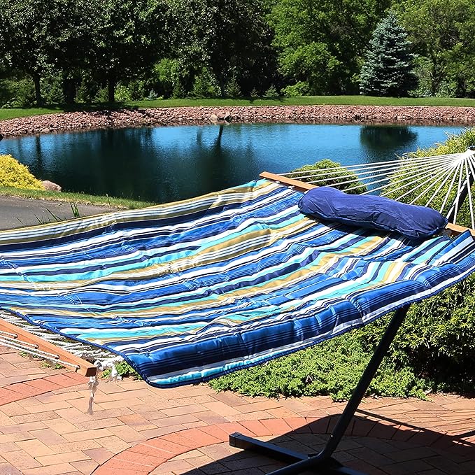 Sunnydaze Rope Hammock with Stand for Outside- 275-Pound Capacity - Includes 12-Foot Hammock Stand, Spreader Bar, Pad, and Pillow - Lakeview