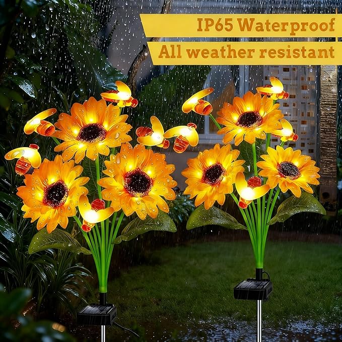 Hortsun 2 Pack Sunflower Bee Solar Lights Outdoor Decor Waterproof Solar Lights with 6 Sunflower and 8 Bee for Yard Front Yard Garden Lawn Patio Outside Decor