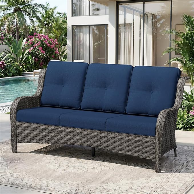 3 Seat Outdoor Couch, Wicker Patio Sofa with Thickened Olefin Cushions, High Back and Deep Seating, Hand-Woven PE Rattan for Porch, Deck, Balcony