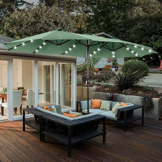 HERA'S PALACE 15ft Patio Umbrella with Base Included Double Sided Outdoor Umbrella for Patio Table Umbrella Outdoor 36 LED Solar Lights for Garden
