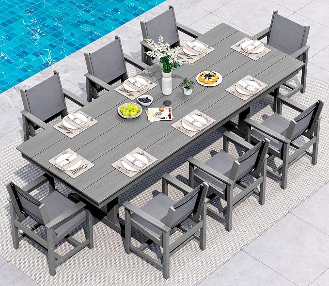 SERWALL 9 Piece Outdoor Dining Set, 84" HDPE Outdoor Large Table and Textilene Chairs for 8，All Weather Patio Dining Furniture Set with Umbrella Hole for Backyard, Garden, Gray