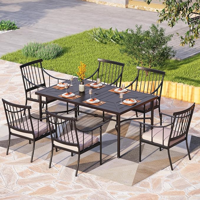 PHI VILLA 7 Piece Patio Dining Set, 64" Steel Table | Metal chairs, Fixed Chair, 1.57" umbrella hole, Cushions, powder-coated, 300 lb chair capacity