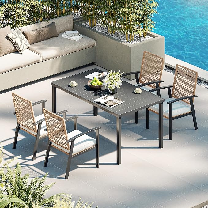 Aoxun 5-Piece Patio Table and Chairs Set for 4 with Umbrella Hole, Outdoor Dining Set with 6 Wicker Chairs and 1 Rectangular Metal Table, Patio Dining Sets with Soft Cushion for Backyard, Garden